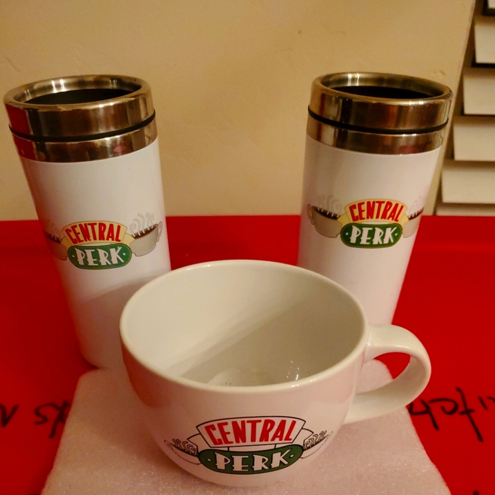 Friends, 2 150z travel mugs and one large 20oz coffee cup